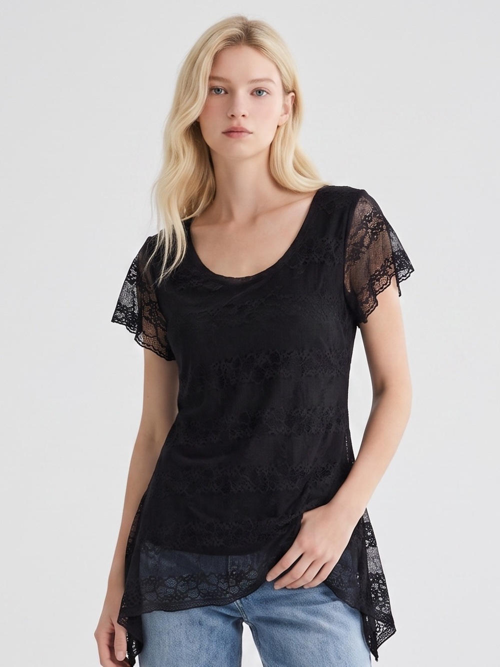 Shannon Ford retro Y2K Fairycore Black Lace Short-Sleeve Scoop Neck Top. L